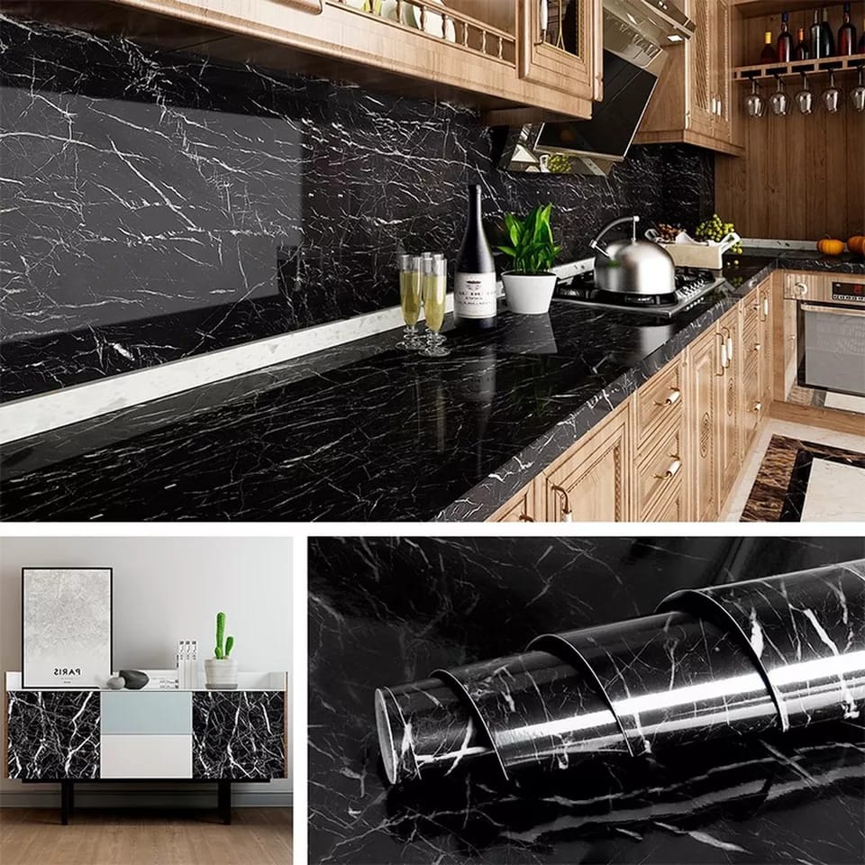 Self Adhesive White & Black Kitchen Marble Sheets / Anti Oil & Heat Resistant Wallpaper (Free Delivery 🚚)